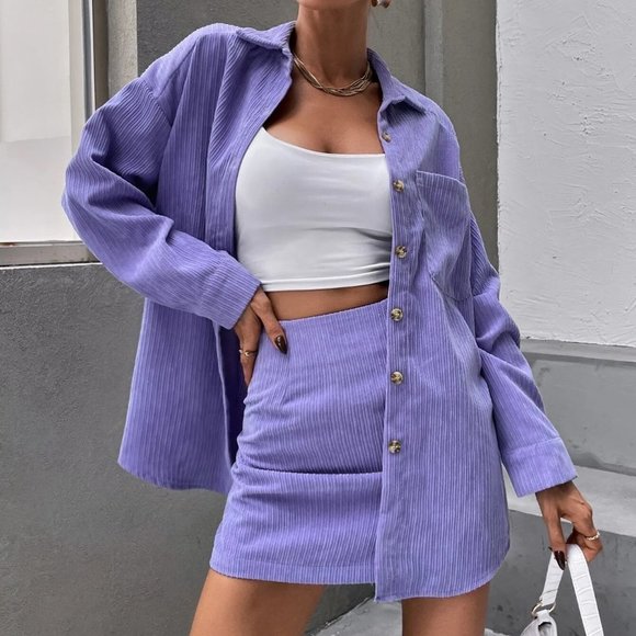 . Tops - Coord Set Corduroy Blouse & Skirt - purple